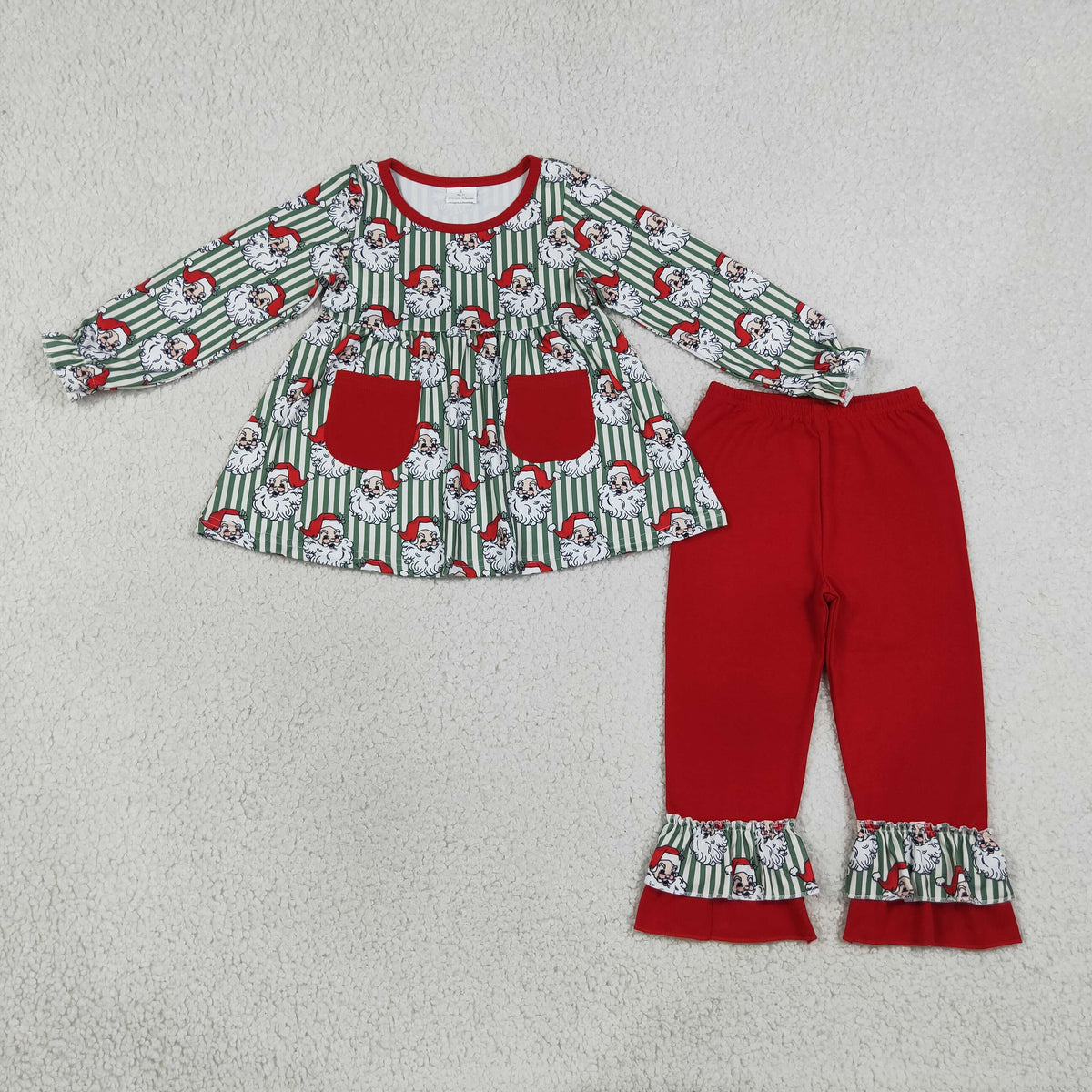 RTS NO MOQ milk silk GLP3454 Baby Girls Green Stripe Santa Pockets Tunic Ruffle Pant Christmas Clothes Set