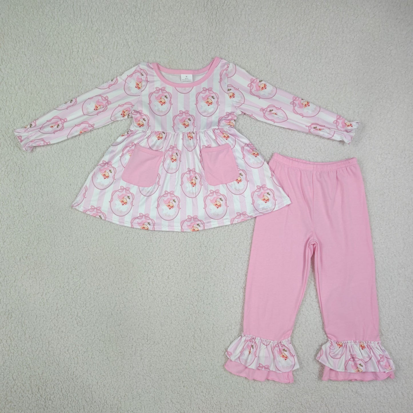 RTS NO MOQ Sibling milk silk Baby Girls Stripe Bows Santa Print Pockets Tunic Ruffle Pant Christmas Holiday Matching Outfit Clothes Sets