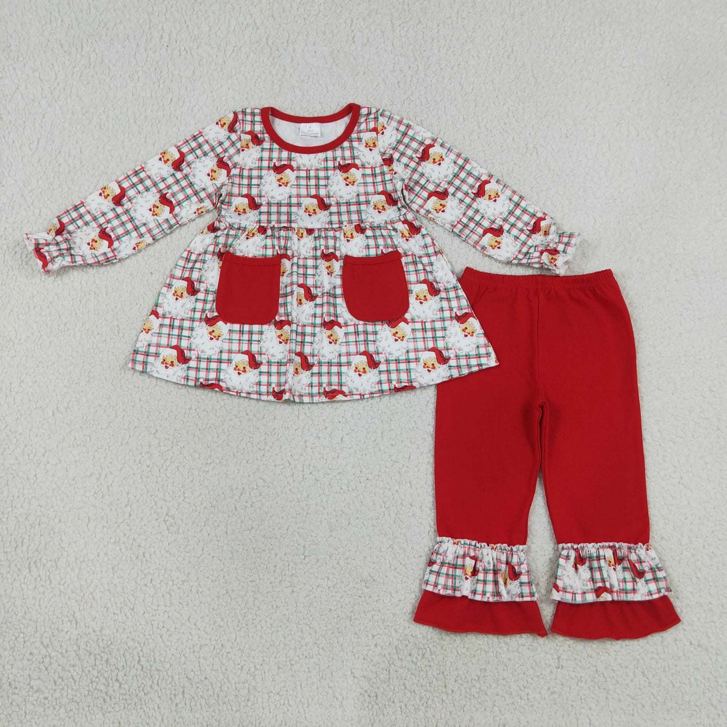 NEW RTS NO MOQ milk silk GLP3457 Baby Girls Red Green Checked Santa Print Pocket Long Sleeve Tunic Ruffle Pants Christmas Set