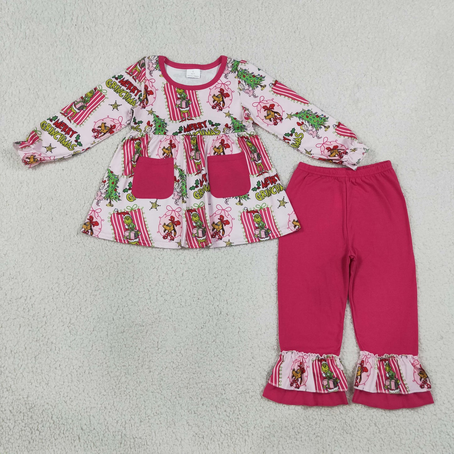 NEW RTS NO MOQ milk silk GLP3461 Cute Clothes Baby Girls Christmas Print Long Sleeve Pocket Tunic Elastic Waist Ruffle Hem Pants Holiday Outfit