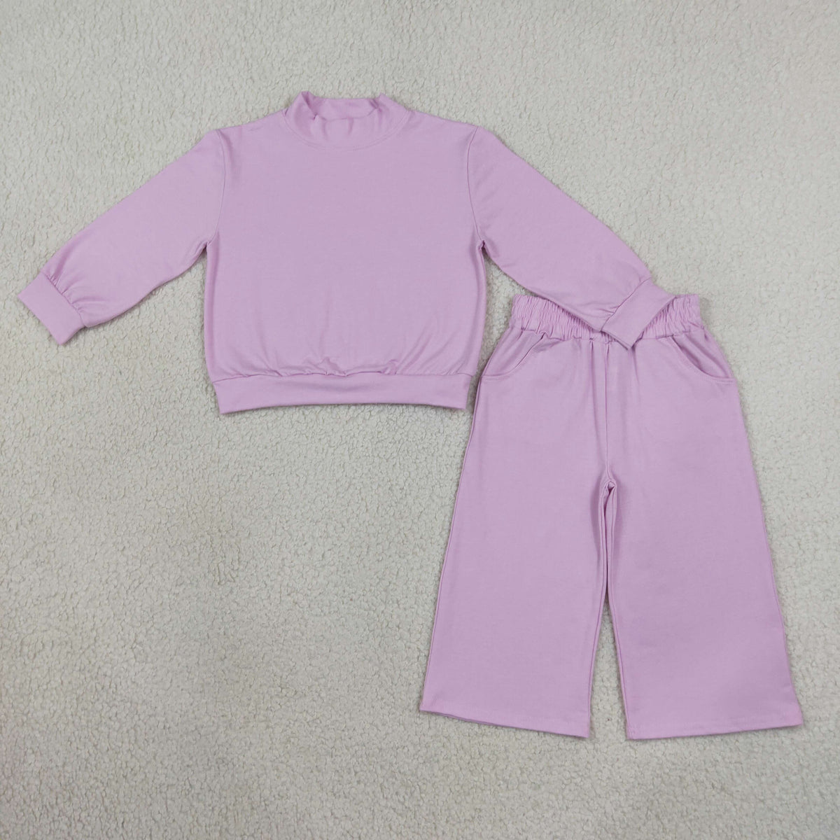NEW RTS NO MOQ milk silk GLP3470 Baby Girls Lavender Long Sleeve Top Pockets Flare Pant Pajamas Clothes Set