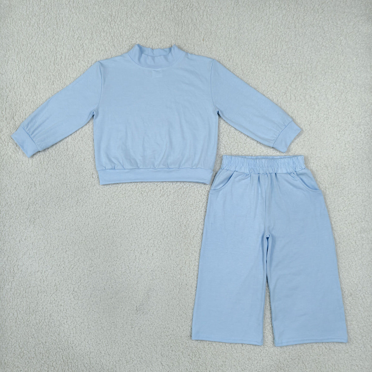 NEW RTS NO MOQ milk silk GLP3472 Baby Girls Light Blue Choker Shirt Top Pockets Flare Pant Clothes Set