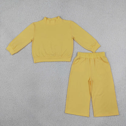 RTS NO MOQ Sibling cotton Baby Girls High Neck Solid Ruffle Mock Neck Long Sleeve Top And Wide Leg Pant Outfit Set