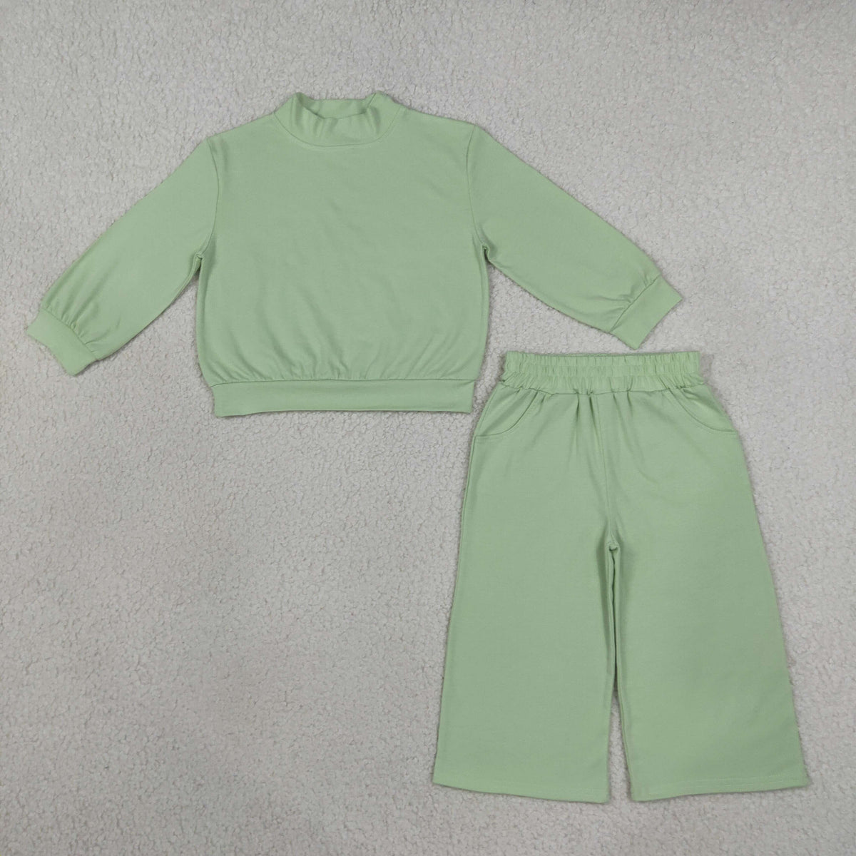 NEW RTS NO MOQ milk silk GLP3474 Baby Girls Light Green Choker Shirt Top Pockets Flare Pant Fall Pajamas Clothes Set