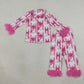 NEW RTS NO MOQ milk silk GLP3478 Baby Girls Pink Stripe Bows Santa Button Top Pant Christmas Fur Sleeves Pajamas Set