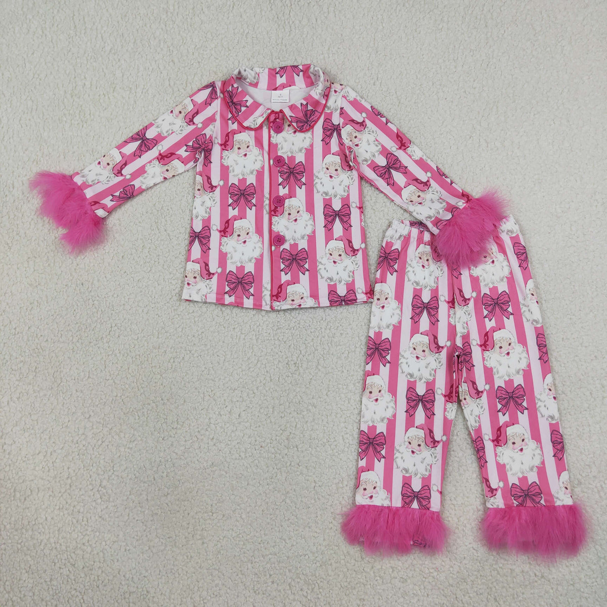 NEW RTS NO MOQ milk silk GLP3478 Baby Girls Pink Stripe Bows Santa Button Top Pant Christmas Fur Sleeves Pajamas Set