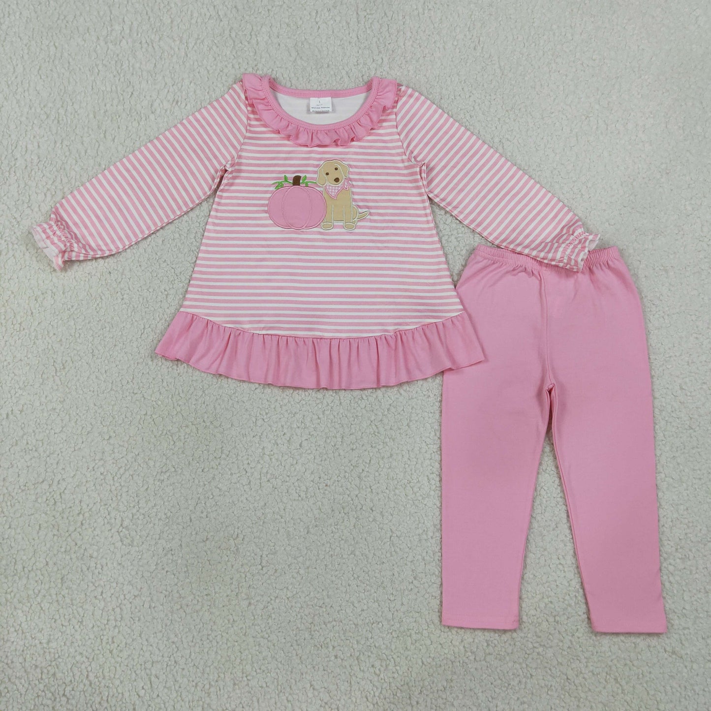 NEW RTS NO MOQ milk silk GLP3480 Embroidery Baby Girls Pink Stripe Pumpkin Dog Print Long Sleeve Tunic Legging Fall Outfit Set