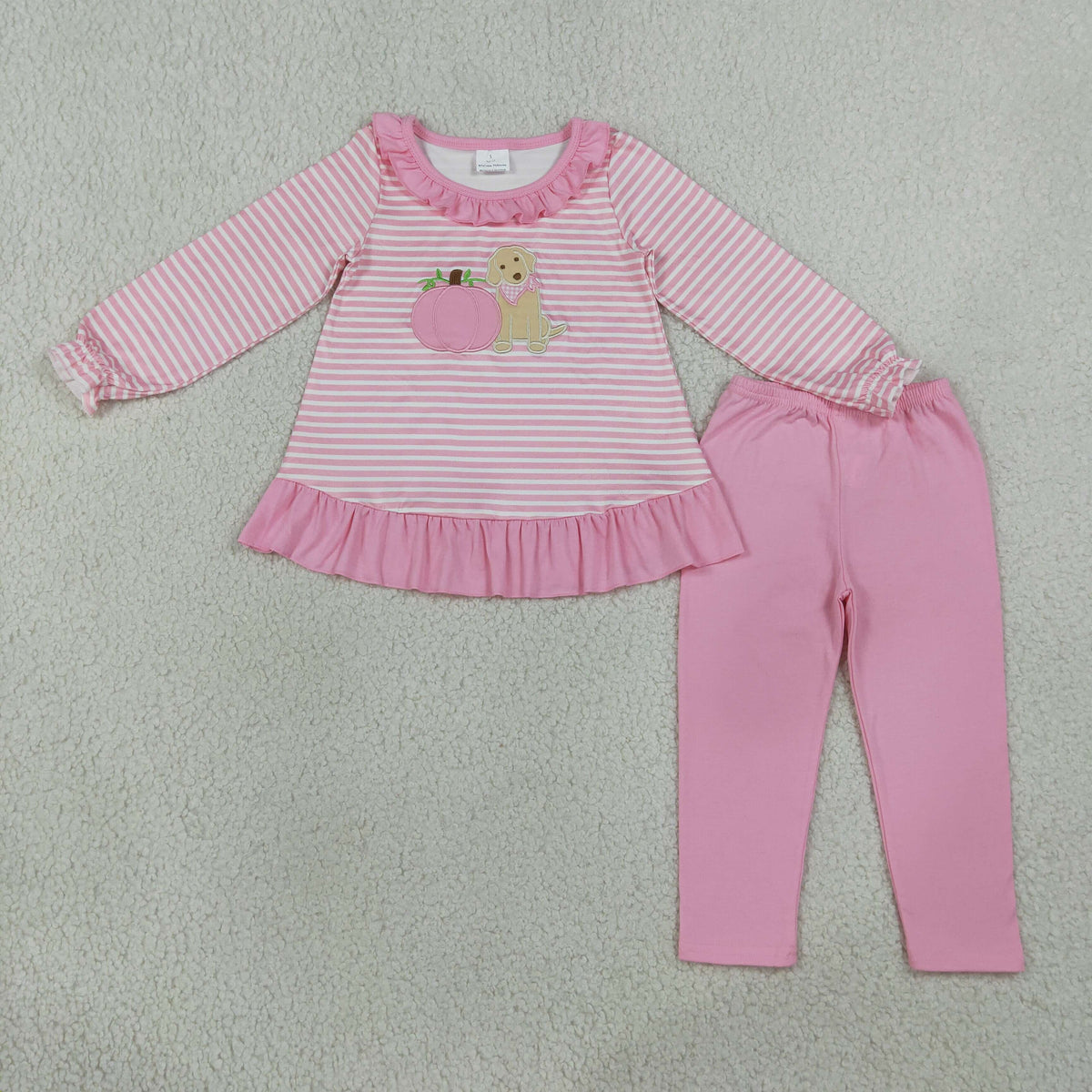RTS NO MOQ Sibling milk silk Baby Kids Embroidery Dog Pumpkins Stripe Tunic Leggings Fall Set Rompers