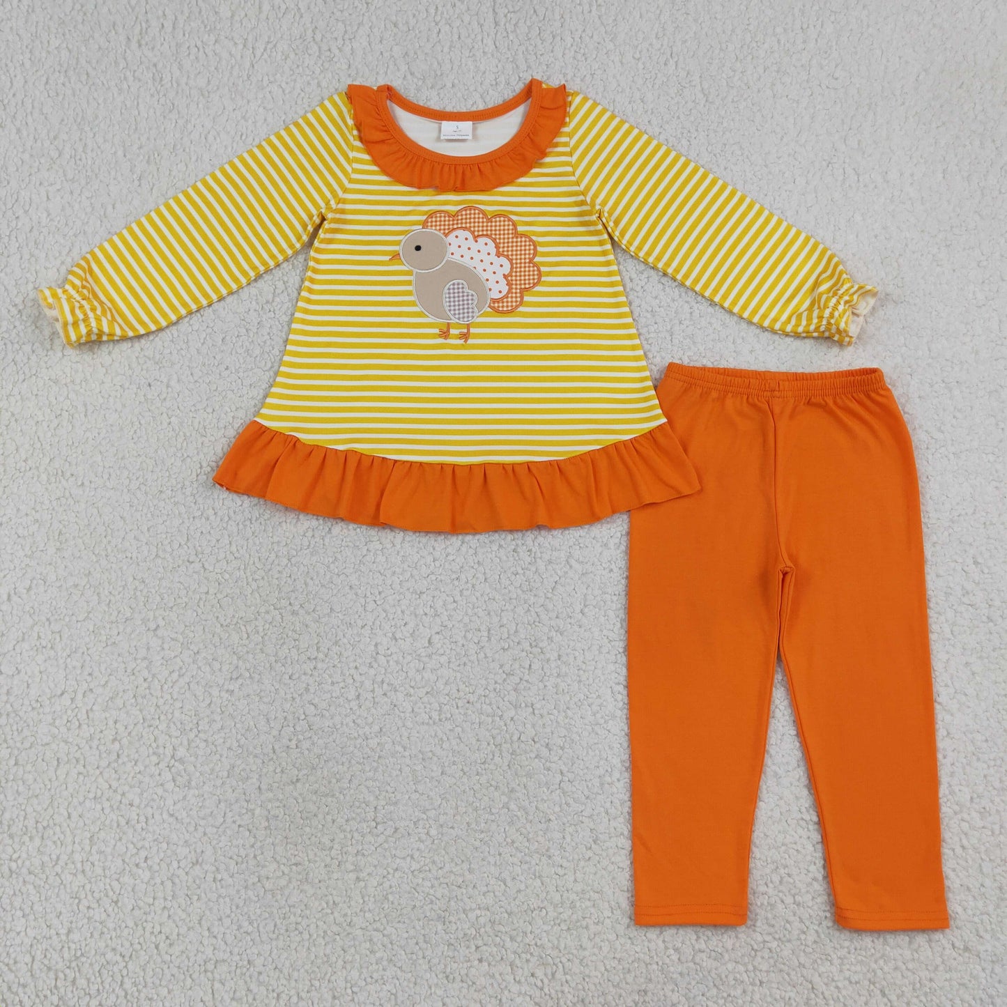 RTS NO MOQ milk silk GLP3493 Embroidery Turkey Baby Girls Orange Stripe Tunic Leggings Thanksgivings Clothes Sets