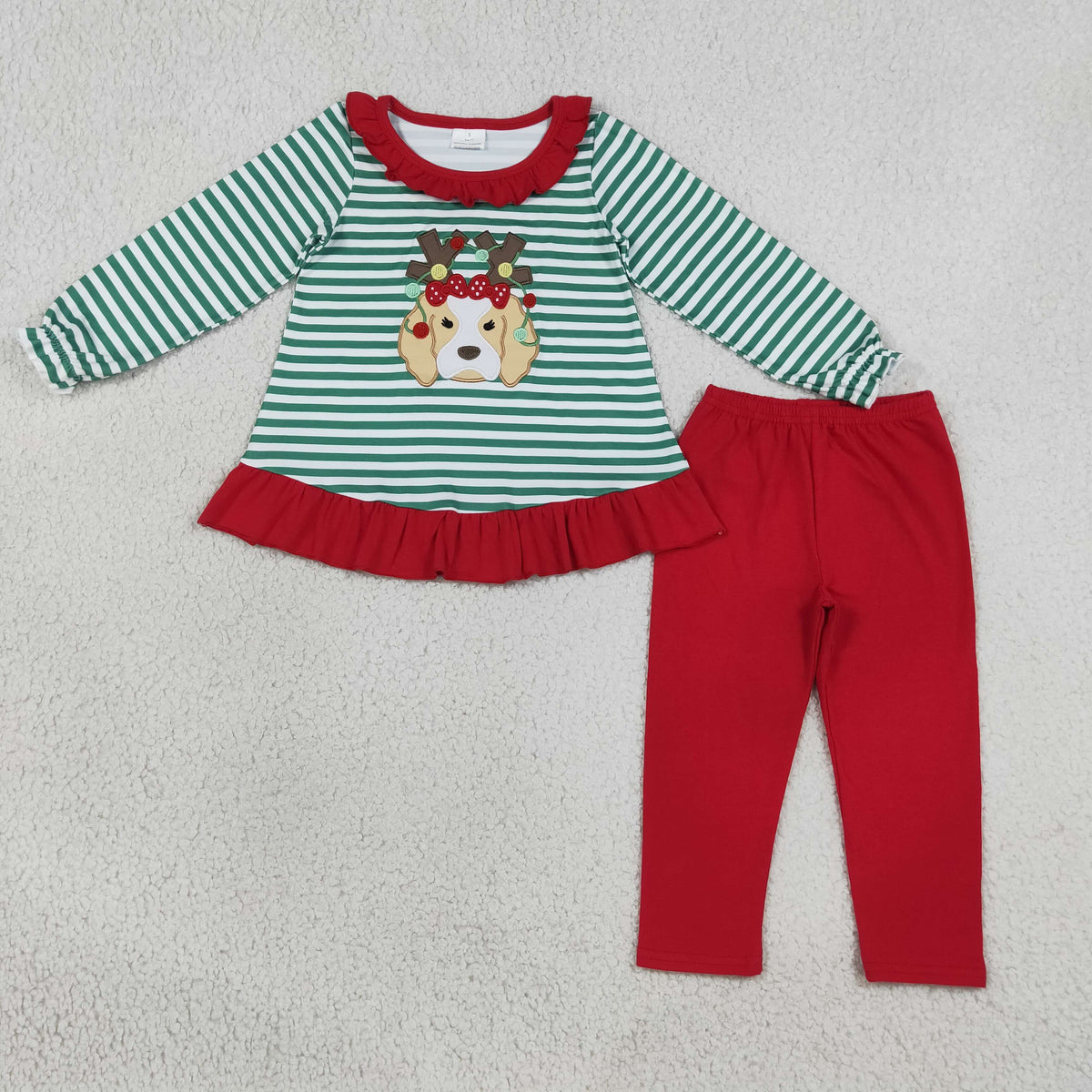 RTS NO MOQ milk silk GLP3494 Embroidery Lights Dog Baby Girls Green Stripe Tunic Leggings Christmas Clothes Sets