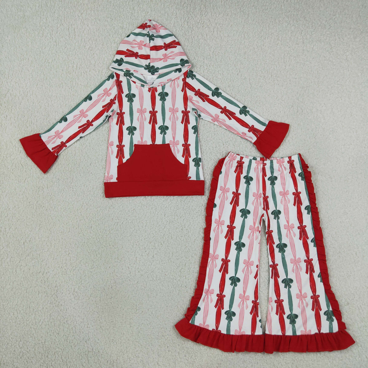 NEW RTS NO MOQ milk silk GLP3497 Baby Girls Green Red Bows Stripe Pocket Hoodie Ruffle Flare Pant Christmas Clothes Sets