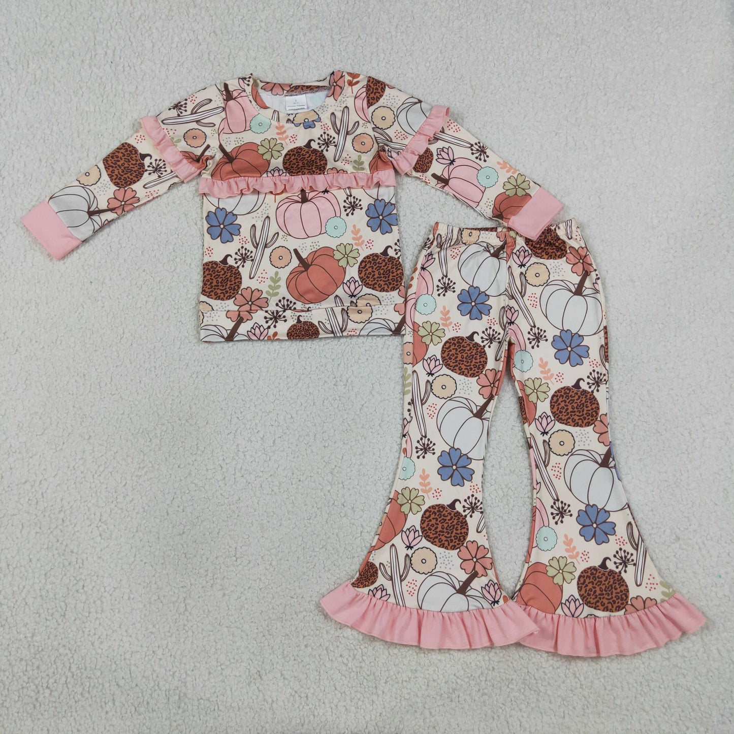 RTS NO MOQ Sibling milk silk Baby Girls Flowers Bows Pumpkins Top Flare Ruffle Pant Fall Clothes Sets