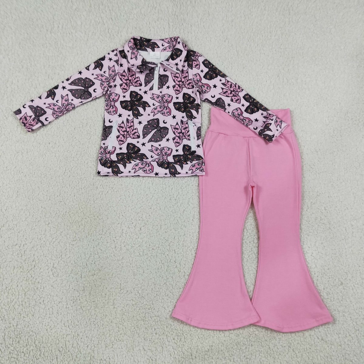NEW RTS NO MOQ milk silk GLP3507 Baby Girls Bats Bows Zip Pockets Pullover Bell Bottom Pant Halloween Clothes Set