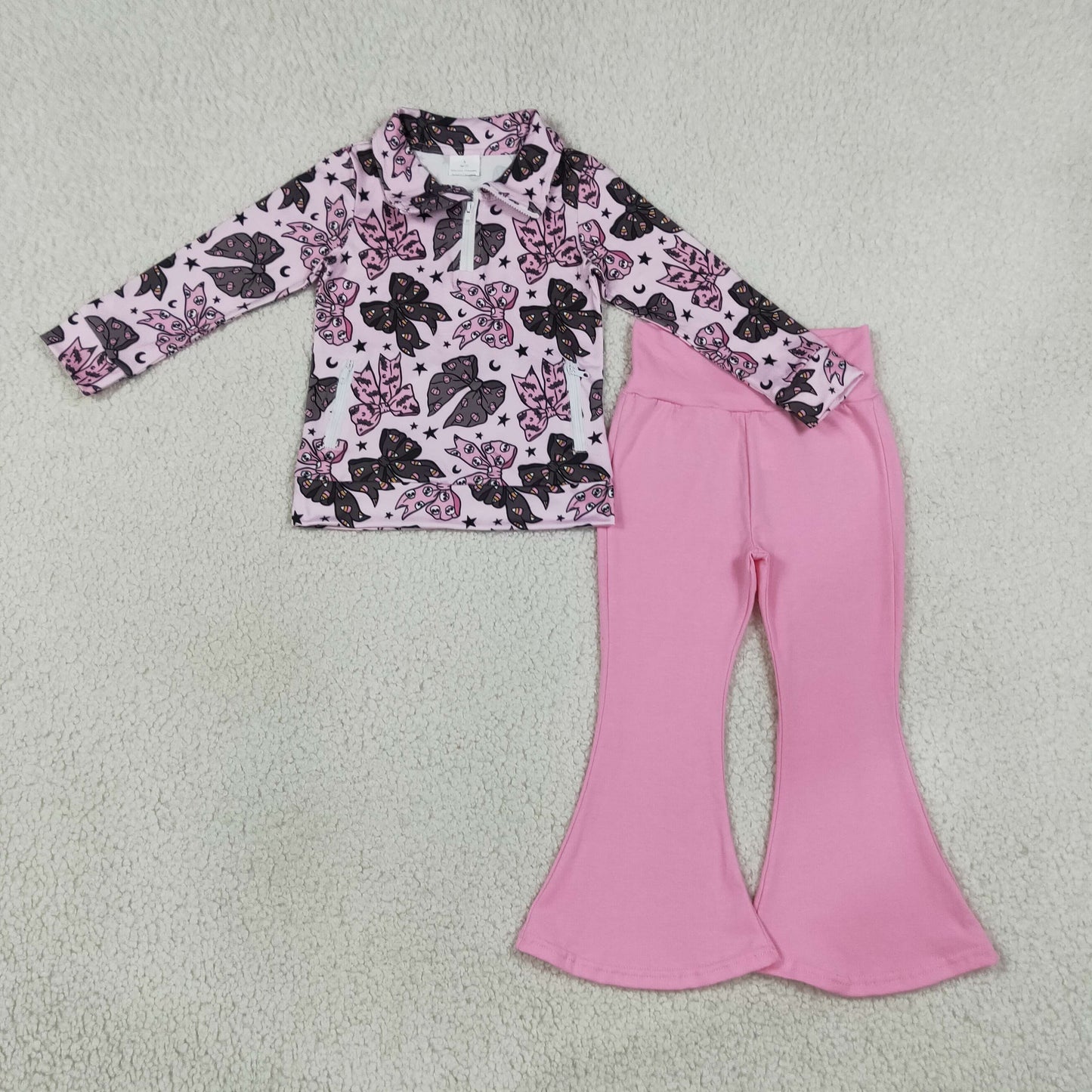 RTS NO MOQ Sibling milk silk Baby Girls Zip Pockets Pullovers Flare Pant Halloween Clothes Set