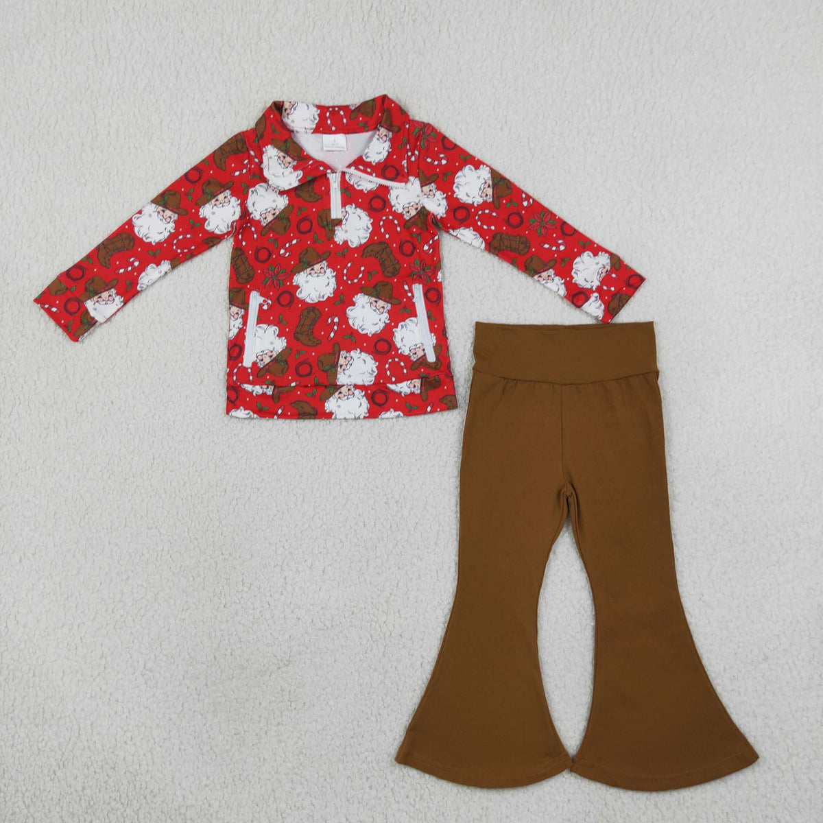 NEW RTS NO MOQ milk silk GLP3509 Baby Girls Holly Santa Zip Pockets Pullovers Bell Bottom Pant Christmas Clothes Set