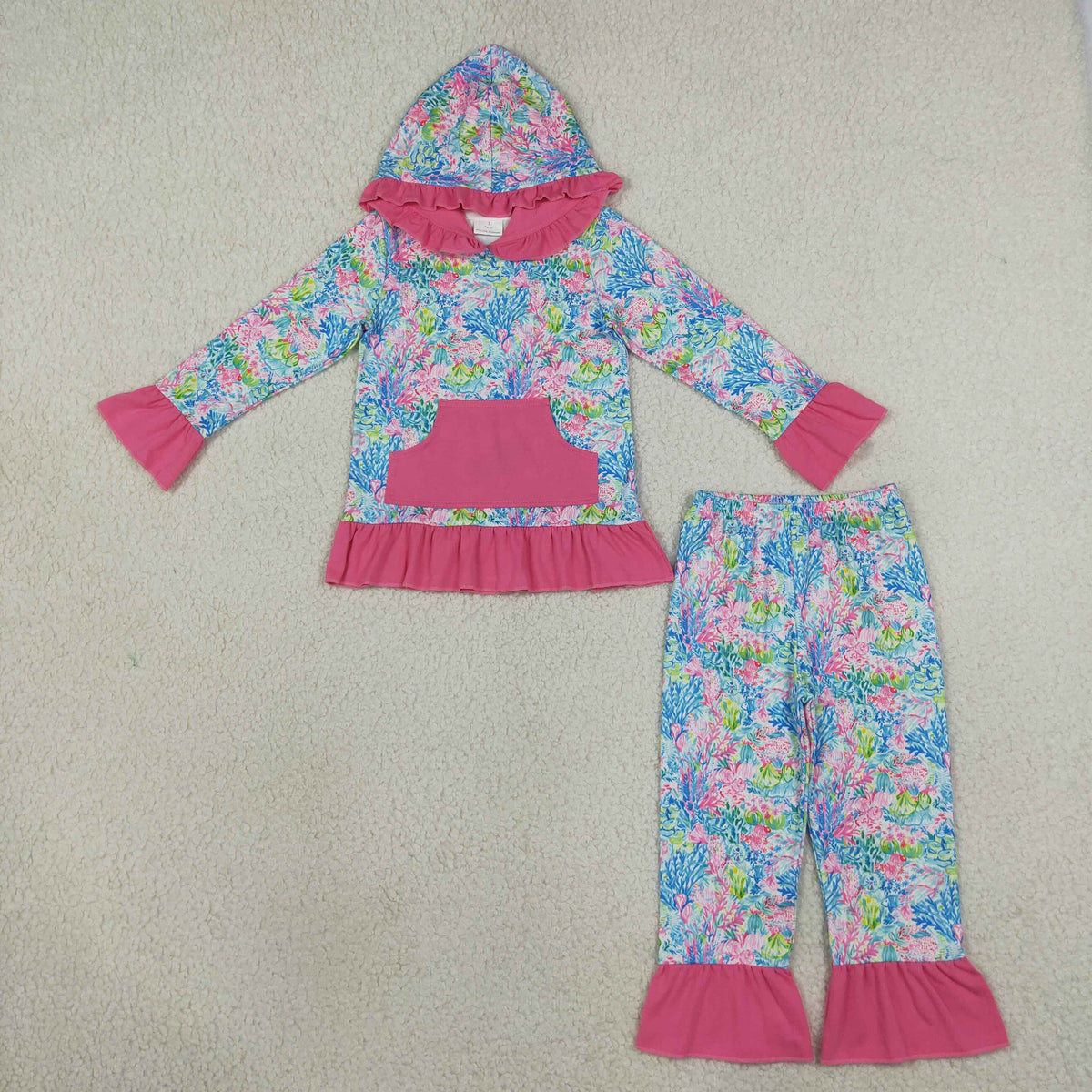 NEW RTS NO MOQ milk silk GLP3518 Baby Girls Watercolor Sea Plants Pocket Ruffle Hoodie Pants Clothes Sets