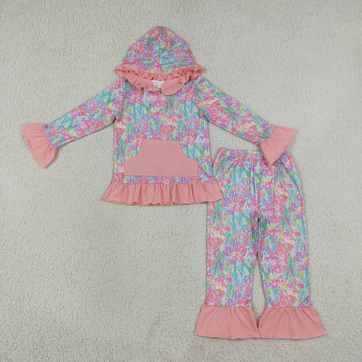 NEW RTS NO MOQ milk silk GLP3519 Baby Girls Sea Plants Pocket Ruffle Hoodie Pants Clothes Sets