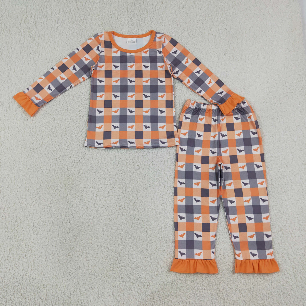 NEW RTS NO MOQ milk silk GLP3533 Baby Girls Bats Checked Top Ruffle Pant Halloweens Pajamas Sets