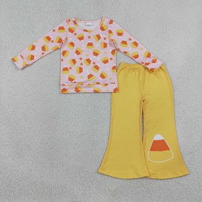 RTS NO MOQ Sibling milk silk Baby Girls Stars Candy Top Flare Pant Halloweens Clothes Sets Fall Holiday Outfit