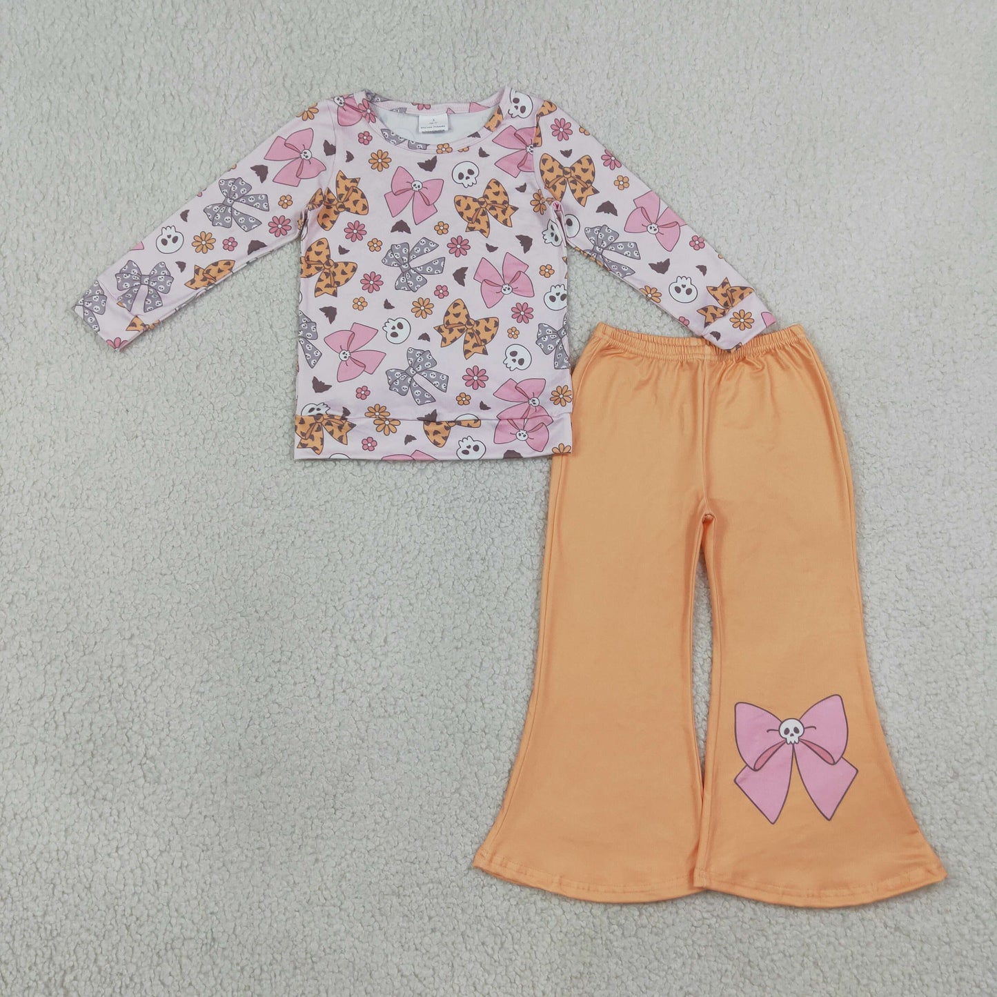 NEW RTS NO MOQ milk silk GLP3536 Baby Girls Bat Bows Ghosts Top Flare Pant Halloweens Casual Outfit
