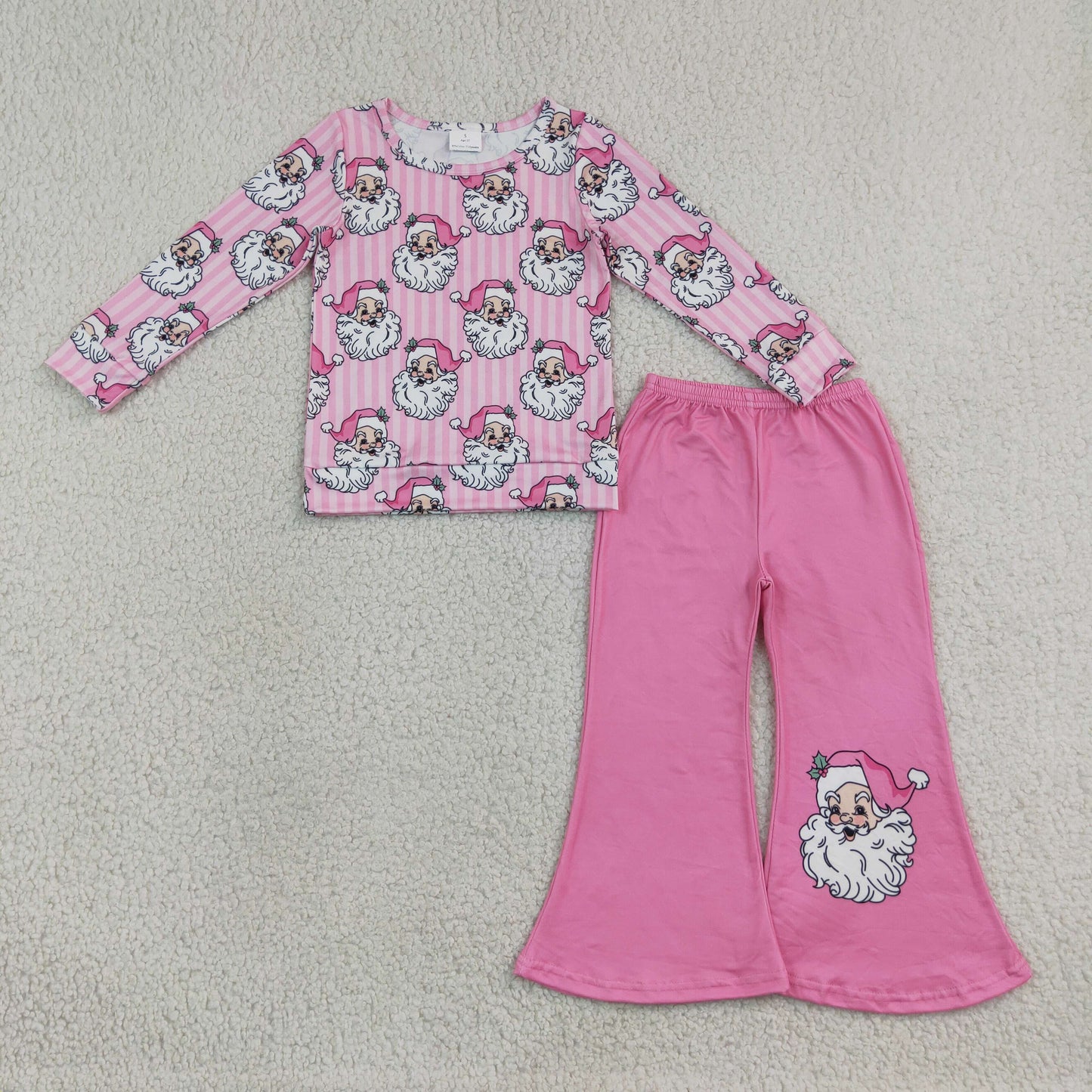 NEW RTS NO MOQ milk silk GLP3538 Baby Girls Pink Stripe Santa Top Flare Pant Christmas Clothes Sets