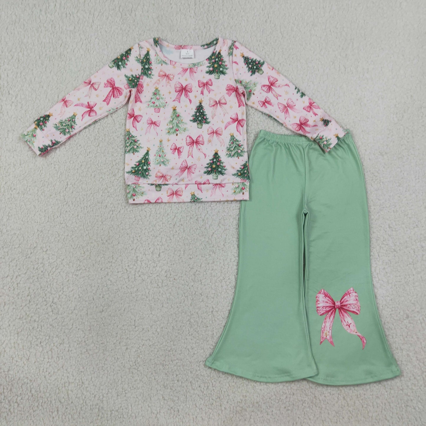 NEW RTS NO MOQ milk silk GLP3539 Baby Girls Christmas Tree Bow Print Long Sleeve Top Flare Pants Christmas Casual Outfit