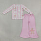 NEW RTS NO MOQ milk silk GLP3540 Baby Girls Pink Gingerbread Candy Cane Bow Print Long Sleeve Top Pink Flare Bell Bottom Pants Christmas Outfit