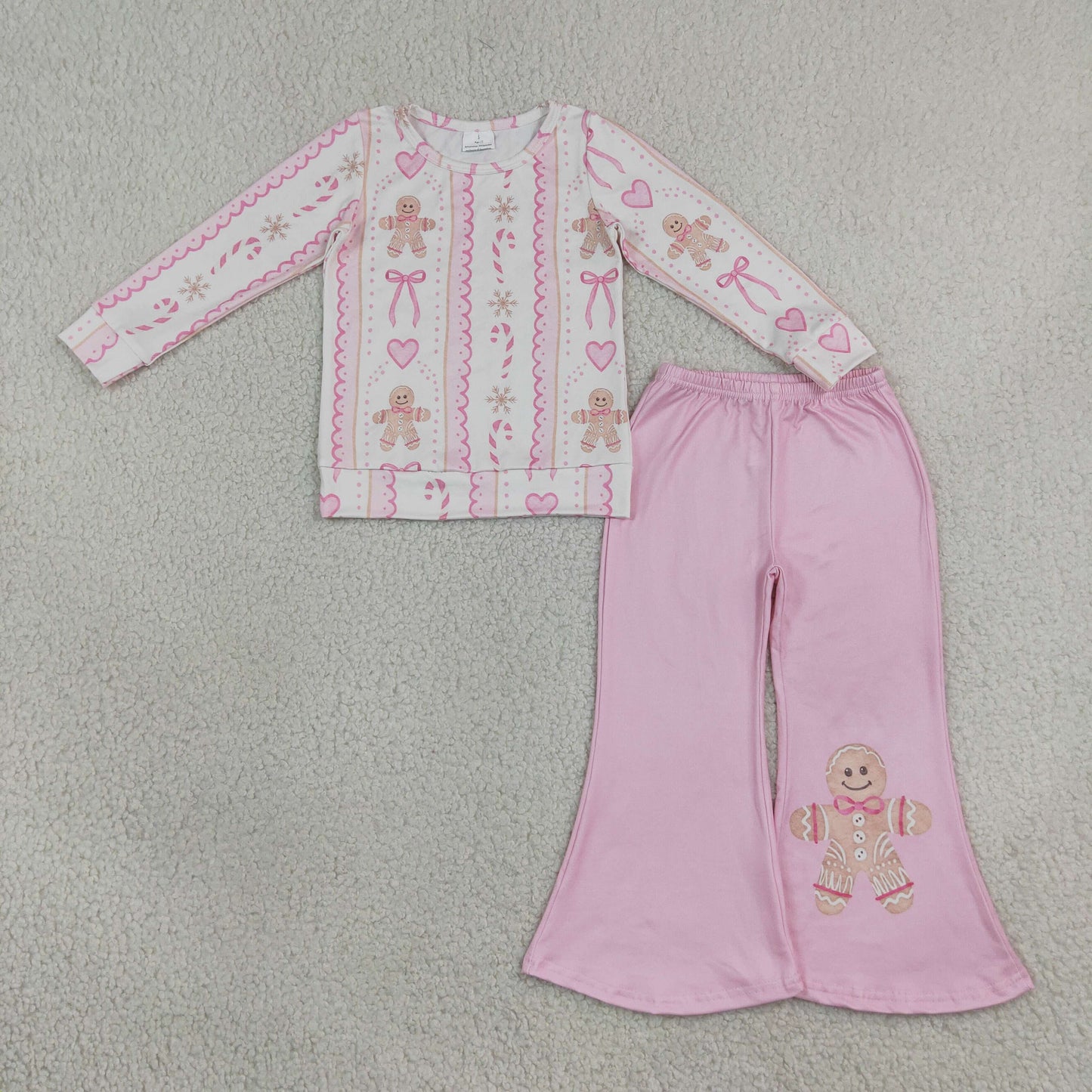 NEW RTS NO MOQ milk silk GLP3540 Baby Girls Pink Gingerbread Candy Cane Bow Print Long Sleeve Top Pink Flare Bell Bottom Pants Christmas Outfit
