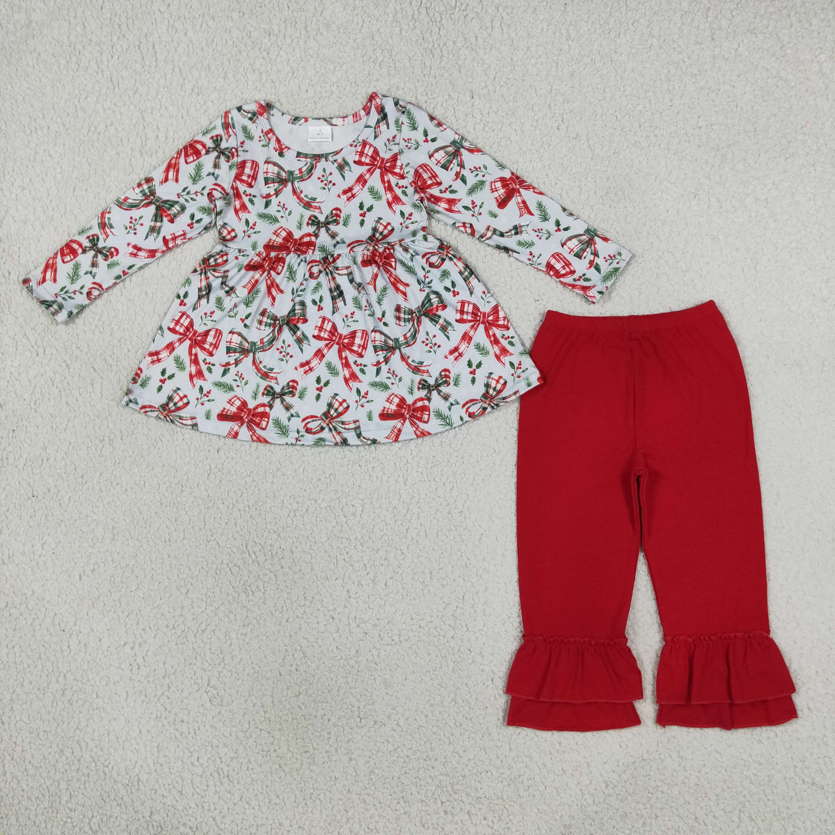 RTS NO MOQ milk silk GLP3541 Baby Girls Red Green Checked Bows Holly Tunic Ruffle Pant Christmas Clothes Set