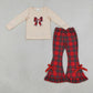 NEW RTS NO MOQ milk silk GLP3547 Embroidery Checked Bow Baby Girls Ruffle Bell Bottom Pant Christmas Clothes Sets