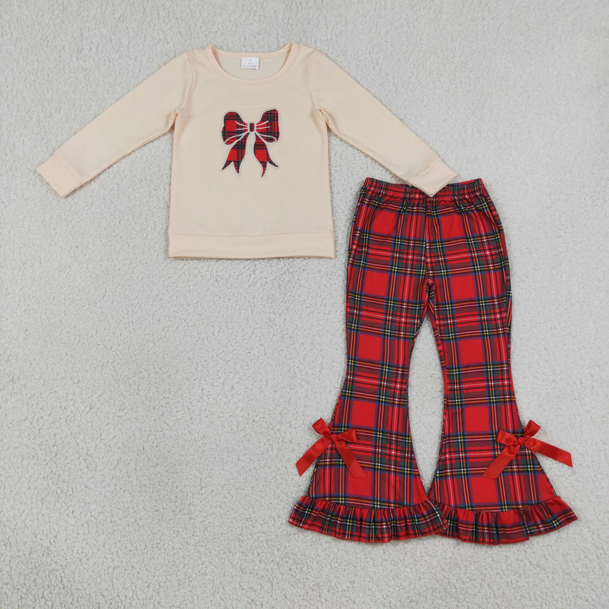 NEW RTS NO MOQ milk silk GLP3547 Embroidery Checked Bow Baby Girls Ruffle Bell Bottom Pant Christmas Clothes Sets