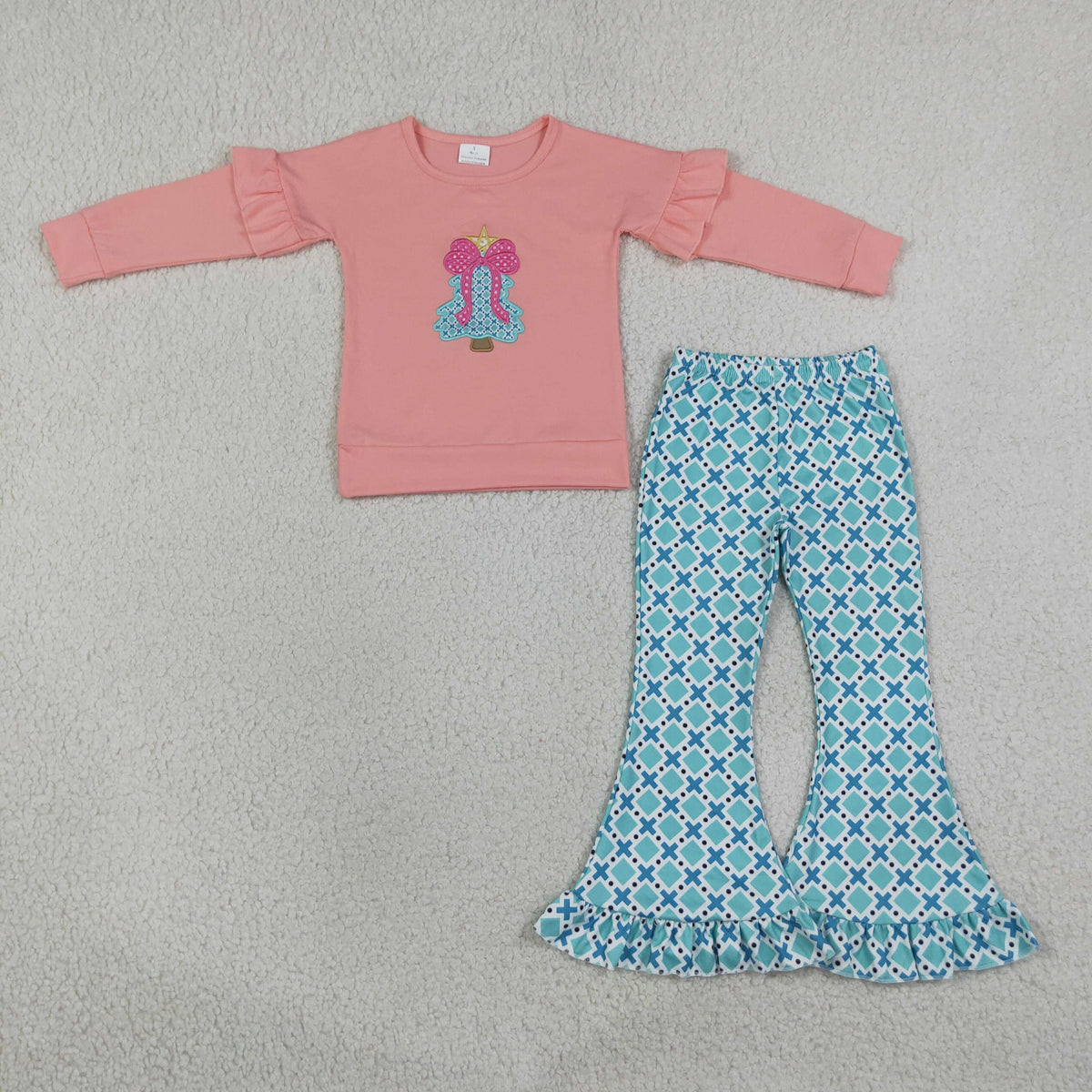NEW RTS NO MOQ milk silk GLP3548 Embroidery Bow Trees Baby Girls Polka Dots Top Ruffle Pant Christmas Clothes Sets