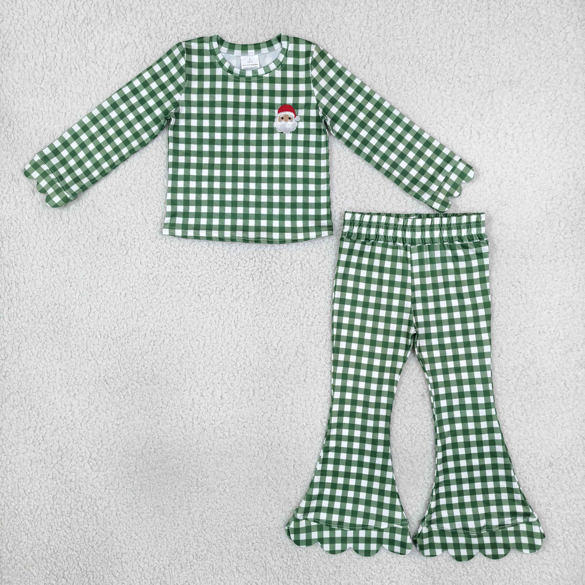NEW RTS NO MOQ milk silk GLP3589 Embroidery Santa Baby Girls Green Checked Top Scallop Pant Christmas Set