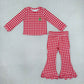 NEW RTS NO MOQ milk silk GLP3590 Embroidery Trees Baby Girls Red Checked Top Scallop Flare Pant Christmas Clothes Set