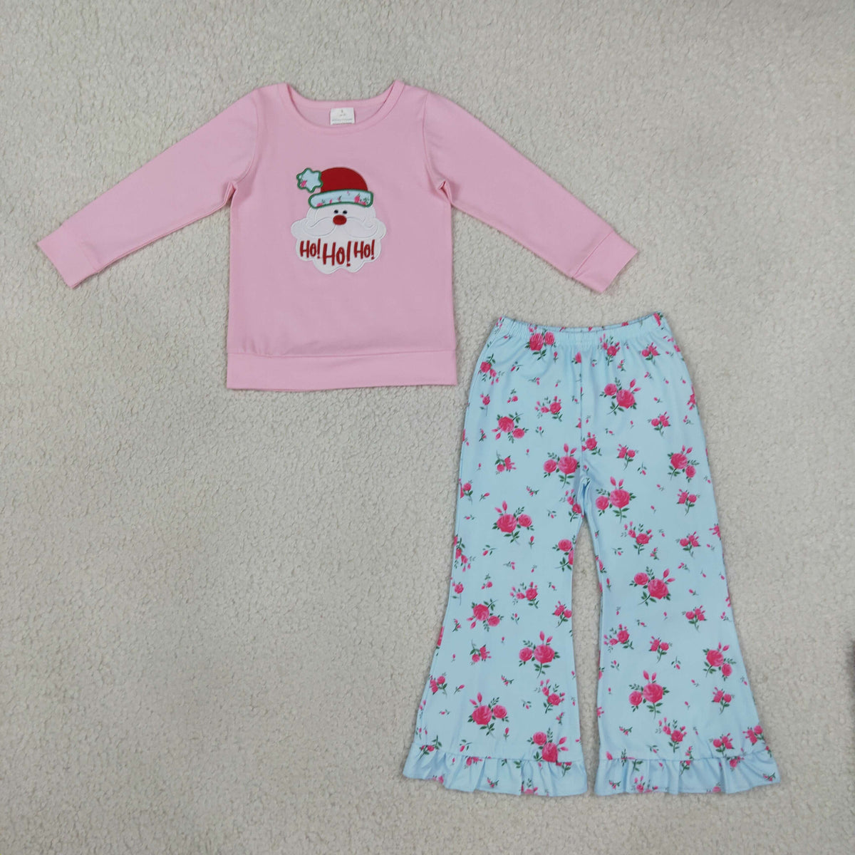 NEW RTS NO MOQ milk silk GLP3596 Embroidery Hat Santa Flowers Baby Girls Ruffle Flare Pant Christmas Clothes Set