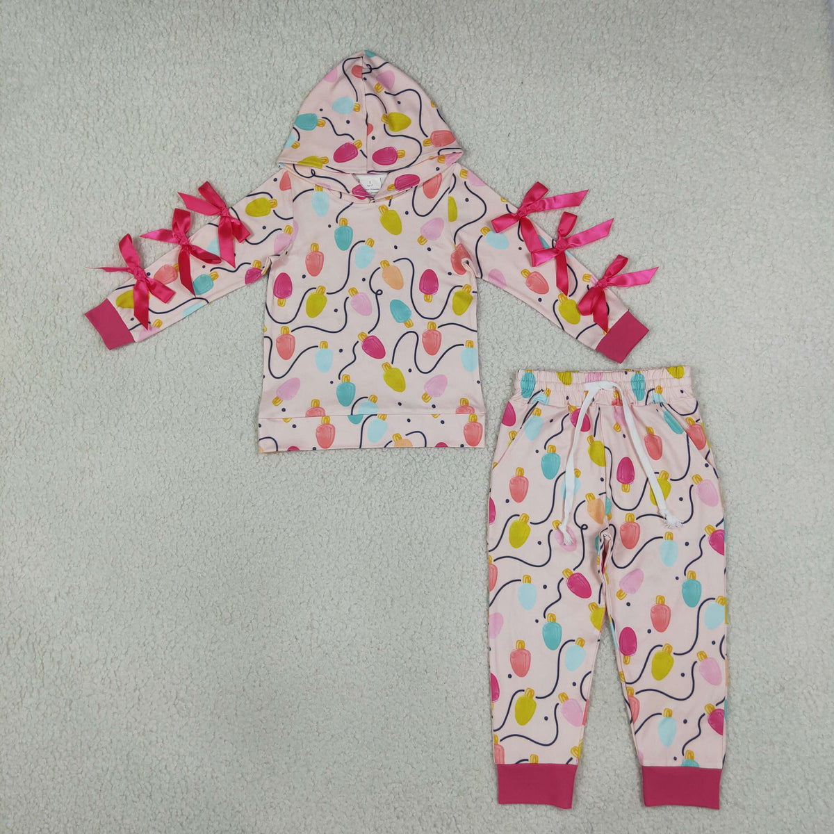 NEW RTS NO MOQ milk silk GLP3613 Baby Girls Colorful Lights Bows Hoodie Pockets Jogger Christmas Clothes Set