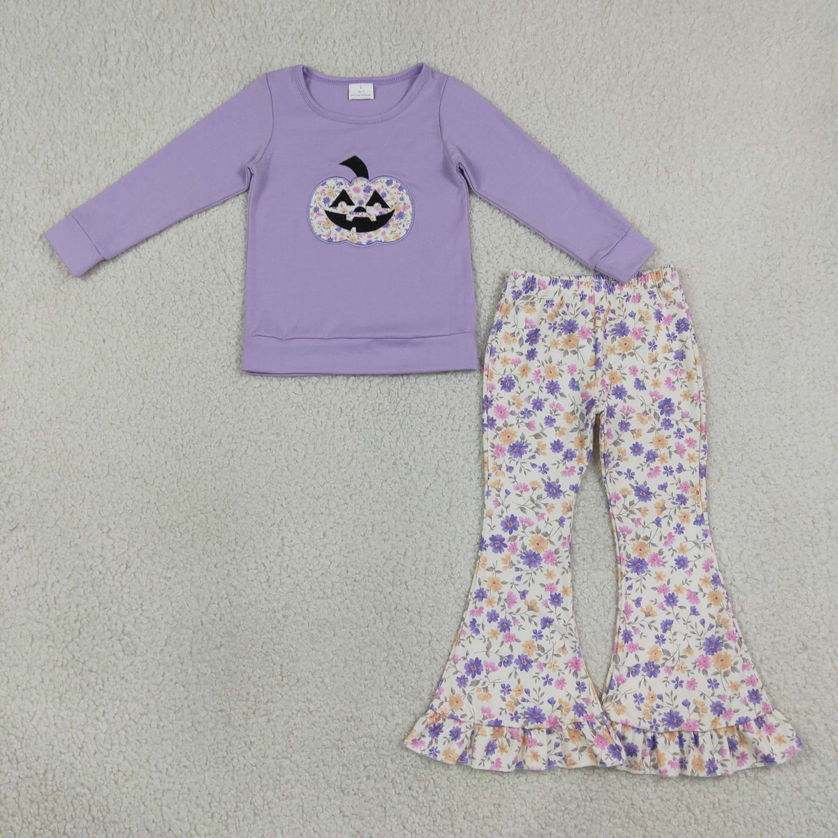 NEW RTS NO MOQ milk silk GLP3618 Embroidery Flowers Ghost Pumpkins Baby Girls Ruffle Bell Bottom Pant Halloween Set
