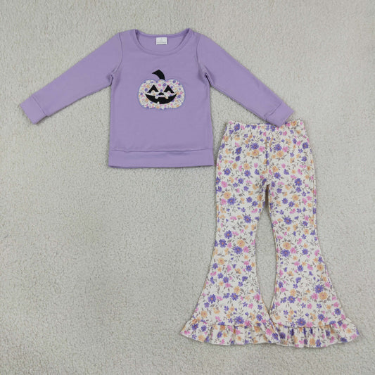 NEW RTS NO MOQ milk silk GLP3618 Embroidery Flowers Ghost Pumpkins Baby Girls Ruffle Bell Bottom Pant Halloween Set