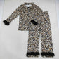 RTS NO MOQ milk silk Sibling Adult To Match Kids Leopard Bow Moon Print Pajama Set With Black Fur Trim Long Sleeve Button Top And Pants