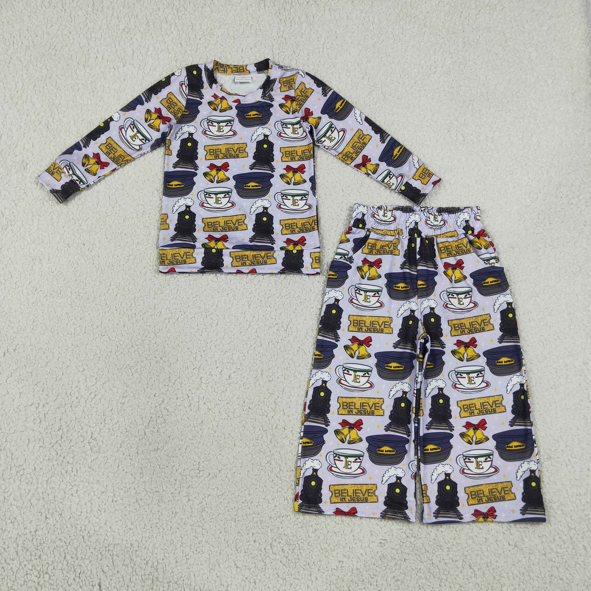 NEW RTS NO MOQ milk silk GLP3641 Baby Girls Believe in Jesus Top Pockets Flare Pant Clothes Set