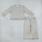 NEW RTS NO MOQ milk silk GLP3674 Baby Girls Long Sleeve Khaki Checked Top Pockets Ruffle Pant Clothes Set