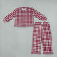NEW RTS NO MOQ milk silk GLP3675 Baby Girls Long Sleeve Maroon Checked Top Pockets Ruffle Pant Clothes Set