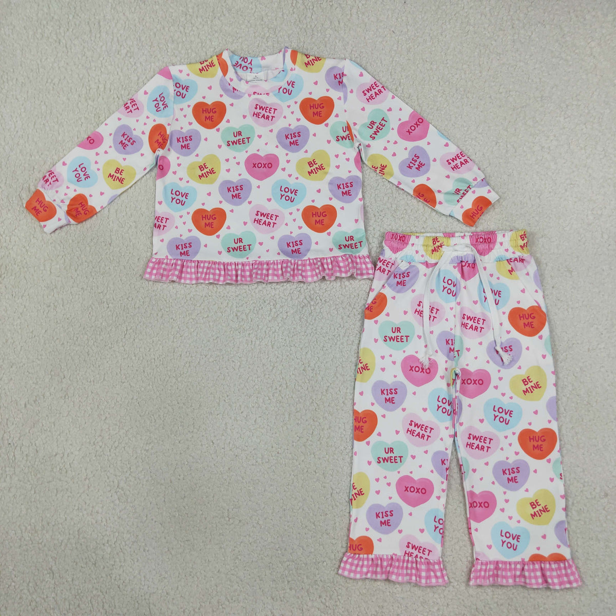 NEW RTS NO MOQ milk silk GLP3676 Baby Girls Sweet Hearts Top Pockets Ruffle Pant Valentines Clothes Set