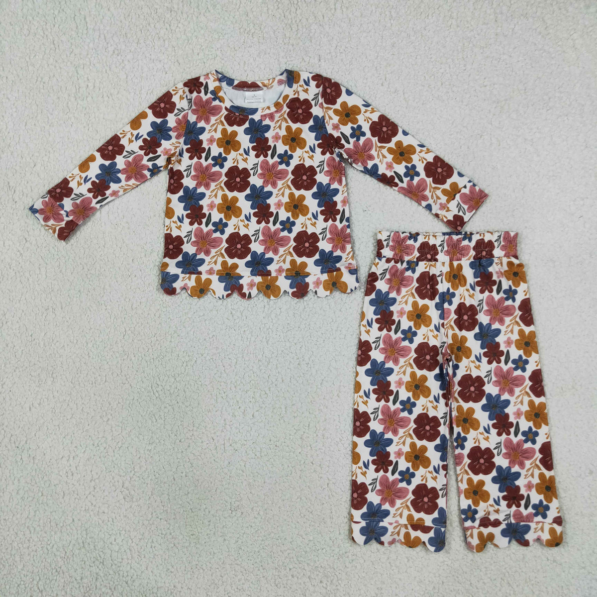 NEW RTS NO MOQ milk silk GLP3690 Baby Girls Colorful Flowers Top Pants Fall Scallop Clothes Sets
