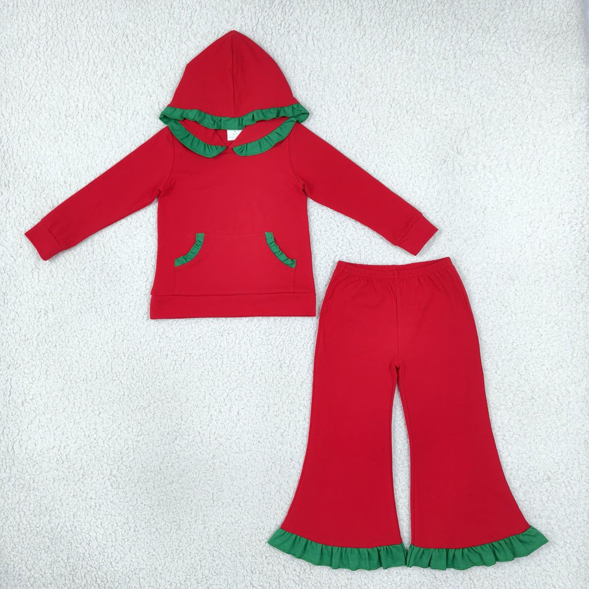 NEW RTS NO MOQ milk silk GLP3751 Baby Boys Red Green Pocket Ruffle Hoodie Flare Pant Clothes Set