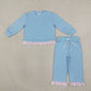 NEW RTS NO MOQ milk silk GLP3753 Baby Girls Blue Long Sleeve Top Pockets Ruffle Pant Clothes Set