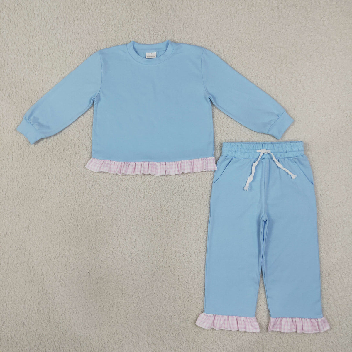 NEW RTS NO MOQ milk silk GLP3753 Baby Girls Blue Long Sleeve Top Pockets Ruffle Pant Clothes Set