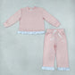 NEW RTS NO MOQ milk silk GLP3754 Baby Girls Light Pink Long Sleeve Top Ruffle Pant Clothes Set
