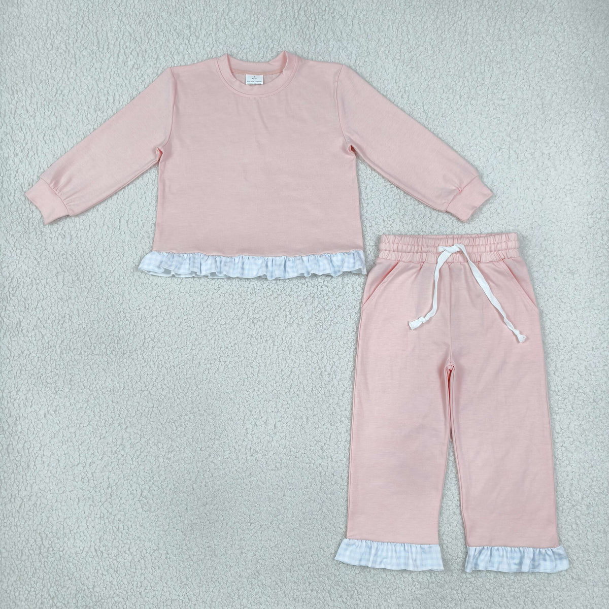 NEW RTS NO MOQ milk silk GLP3754 Baby Girls Light Pink Long Sleeve Top Ruffle Pant Clothes Set