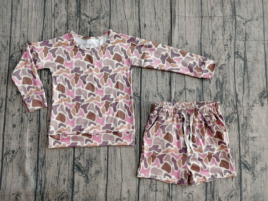 GLS0091Baby Girls Long Sleeve Southern Camo Top Pockets Shorts Clothes Sets